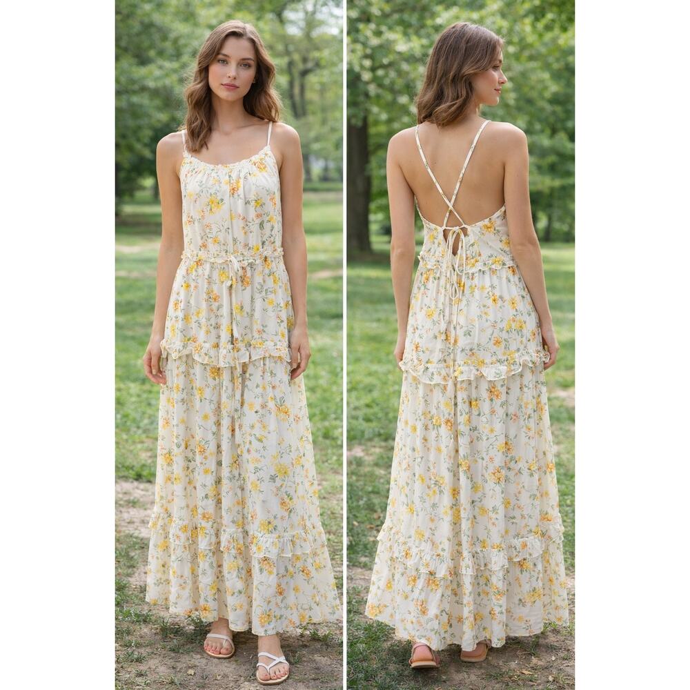 Lost + Wander Floral Maxi Dress Boho Tiered Ruffle Tie Waist Cream Yellow Size L